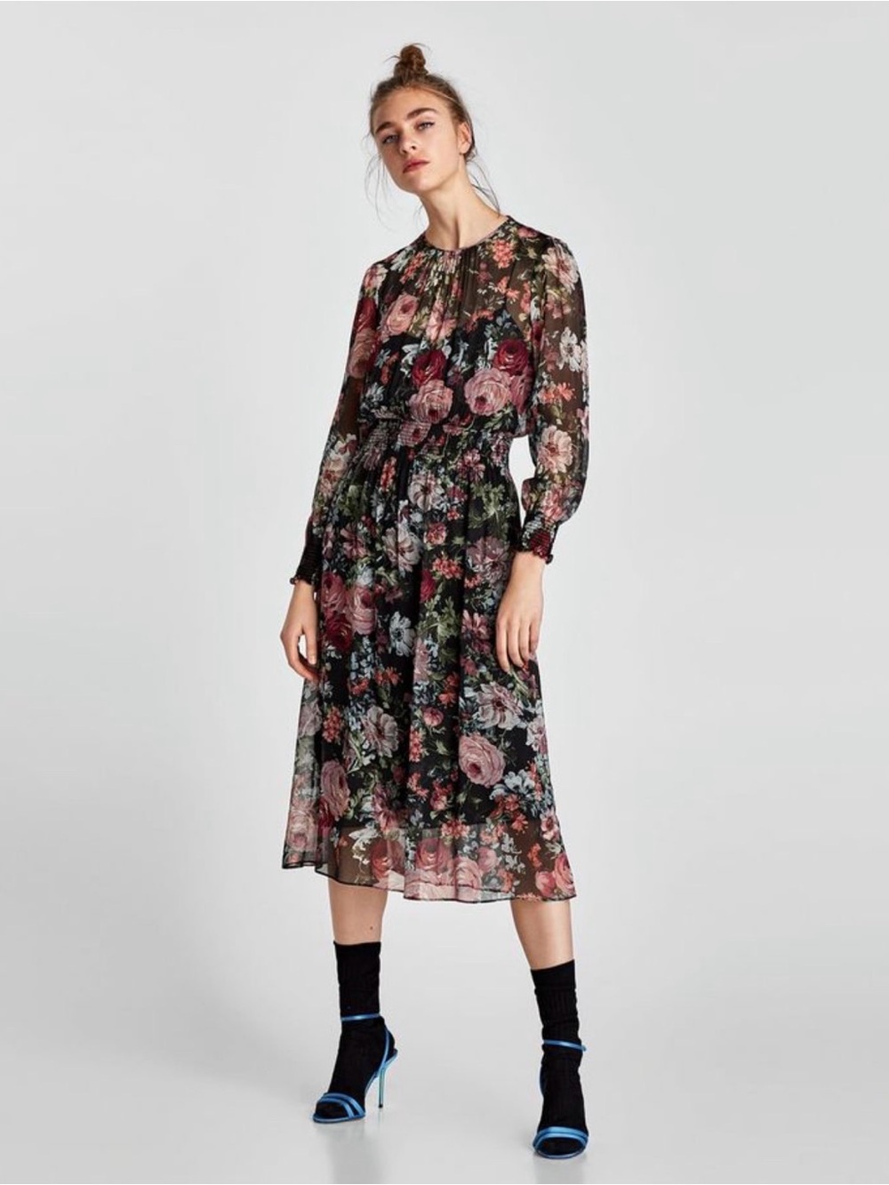 Zara Black Floral Long-Sleeve Midi Dress with Pink Roses.